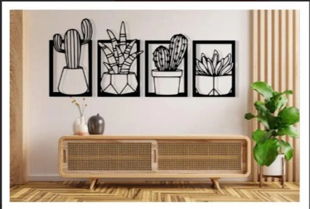 Plants 4 Pcs Set Wooden Wall .